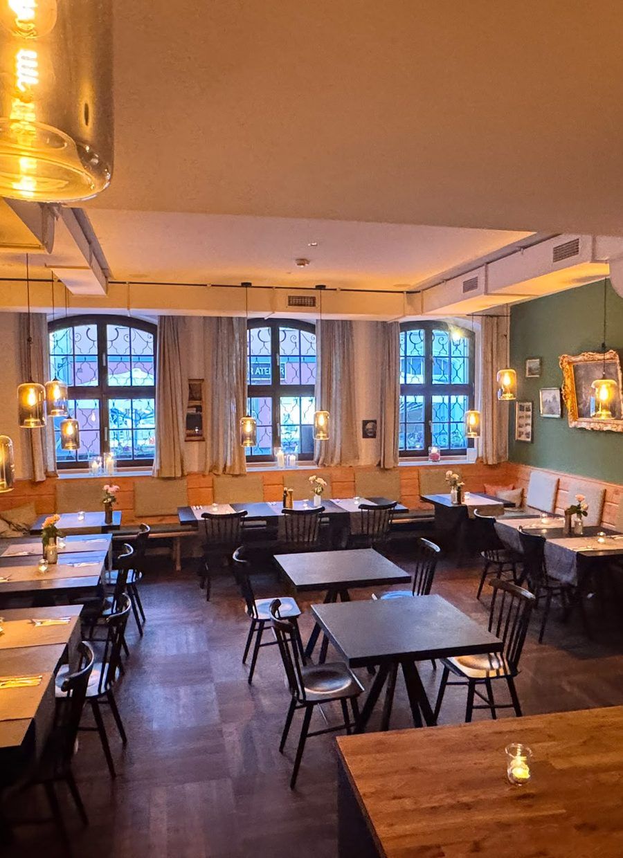 A view into the dining room with the wooden counter